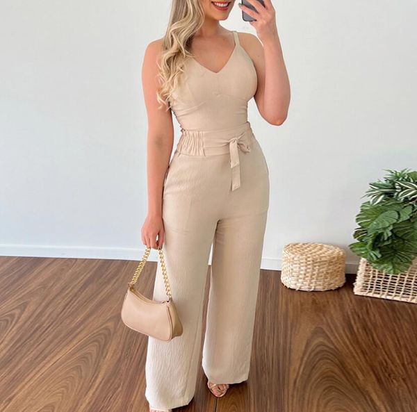piece women's two sets 2023 summer new v-neck short strap tank high waist straight trousers casual women's set, White